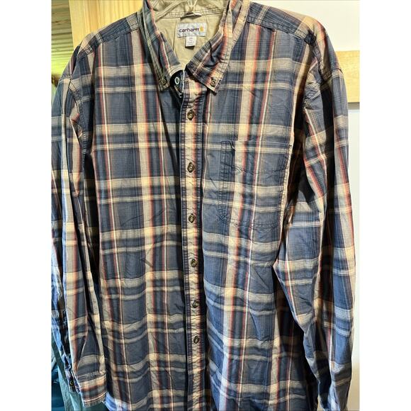 Carhartt Shirt Men XXLT Blue Brown Plaid Outdoor Relaxed Fit Y2K Button Workwear - Picture 8 of 11